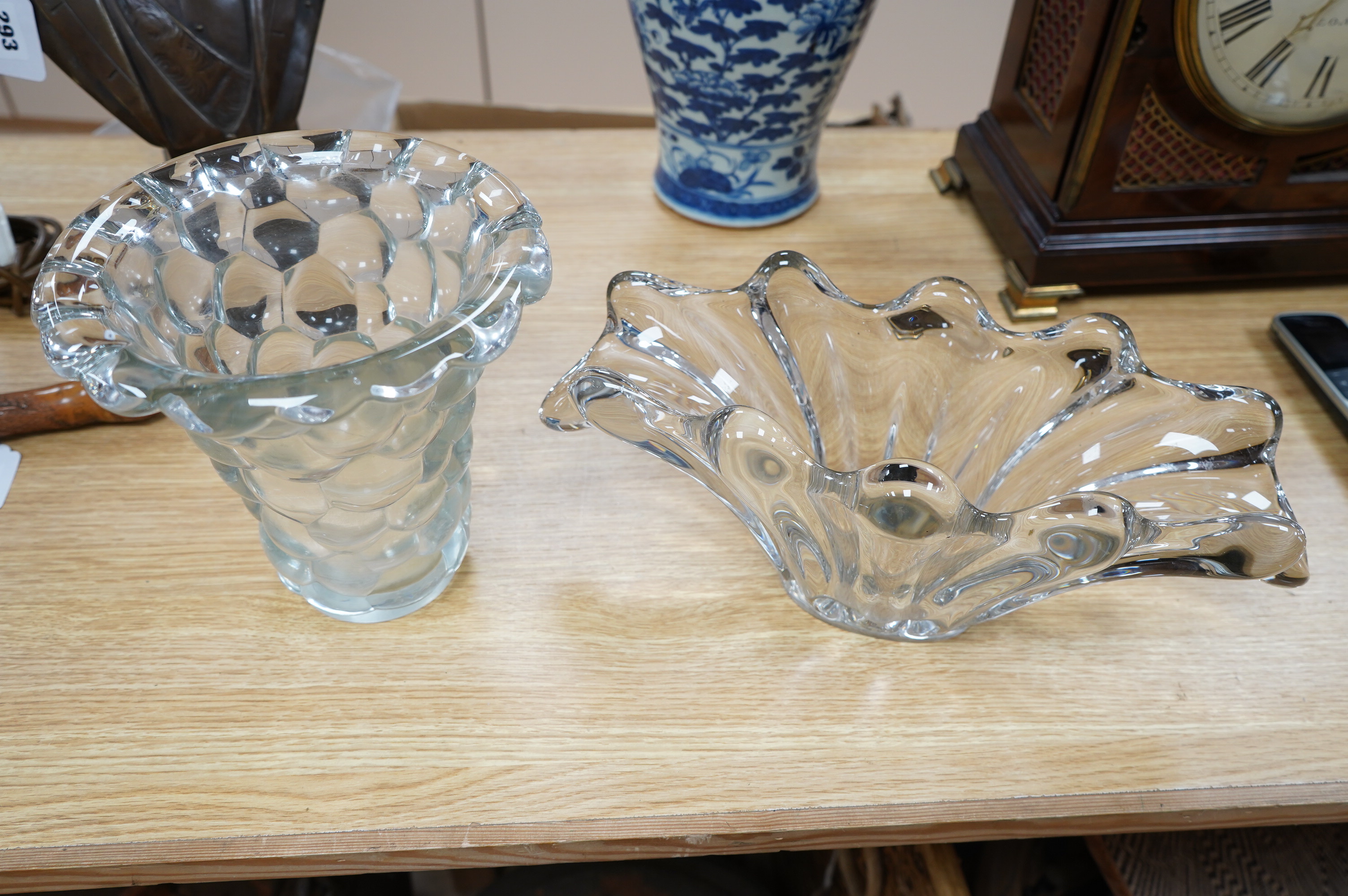 Two 1950's French clear art glass vases, 19.5cm. Condition - good